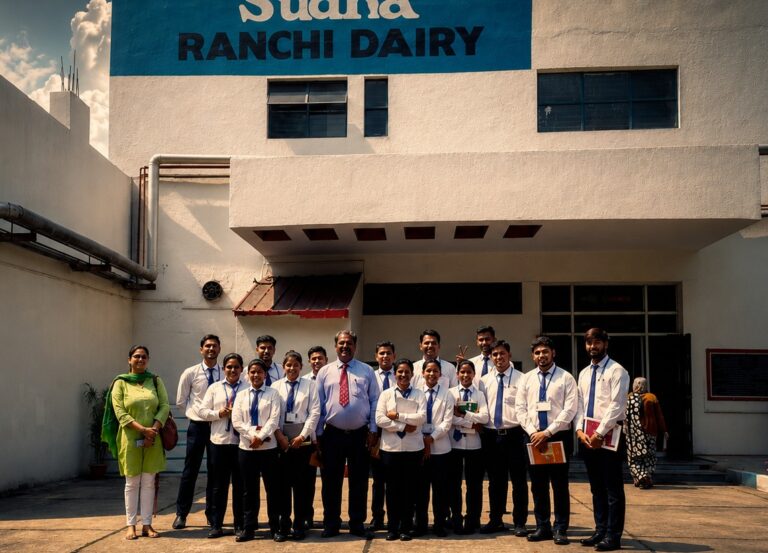 Students gathered outside the Ranchi Dairy building during an educational visit