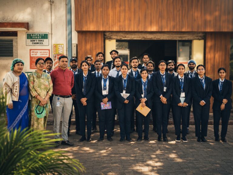 Students and accompanying faculty posing together inside a hall during an ISM Ranchi visit