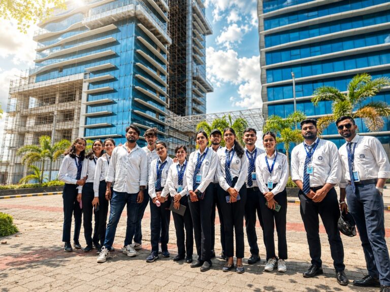 ISM Ranchi students posing outside a modern office building during a group visit